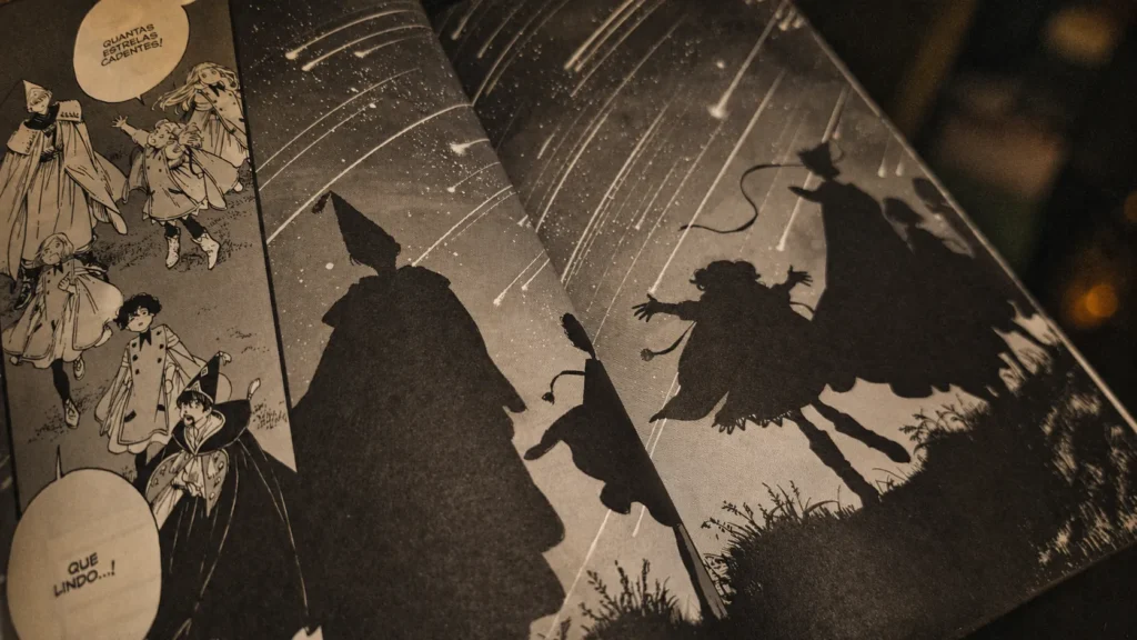 página dupla de witch hat atelier com as silhuetas das bruxas olhando uma chuva de estrelas cadentes